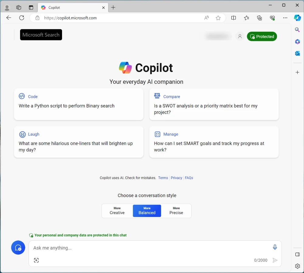 Copilot on the web open in Edge browser