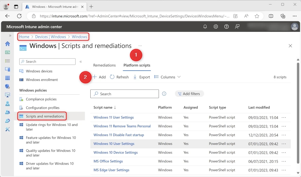 Intune Windows scripts and remediations