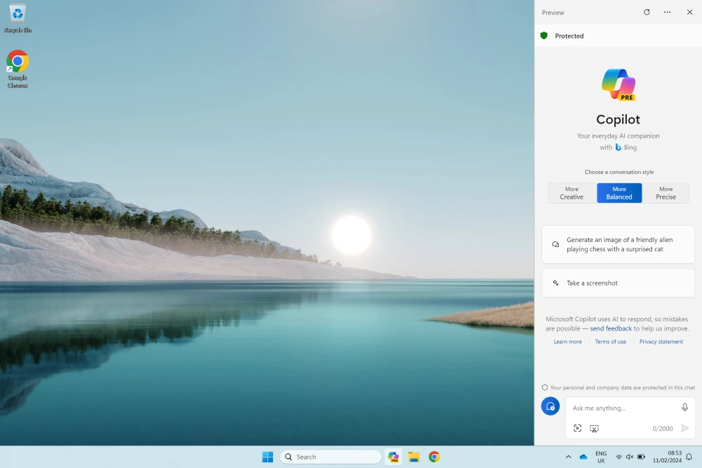 Windows 11 Copilot open on right hand side of desktop