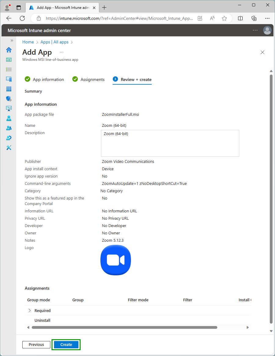 Install Zoom from MSI using Intune