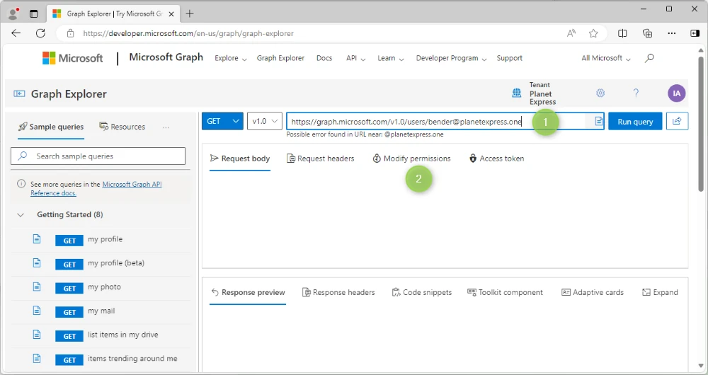 Connect to MS Graph API using Graph Explorer