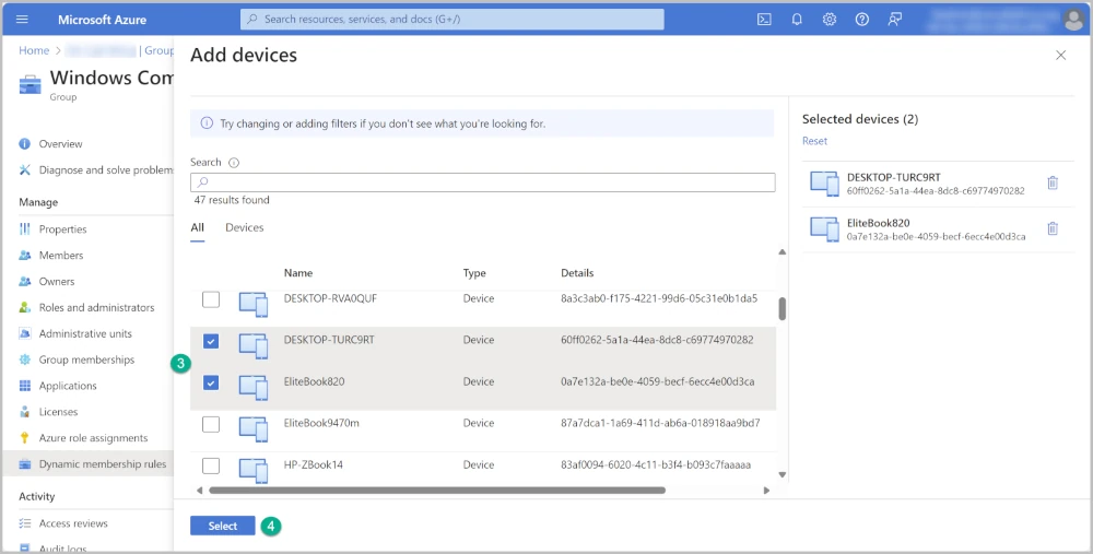 Select devices to validate rules