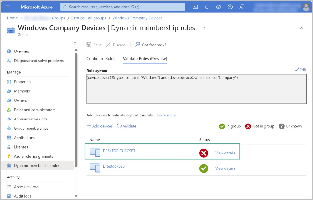 Dynamic group validation results